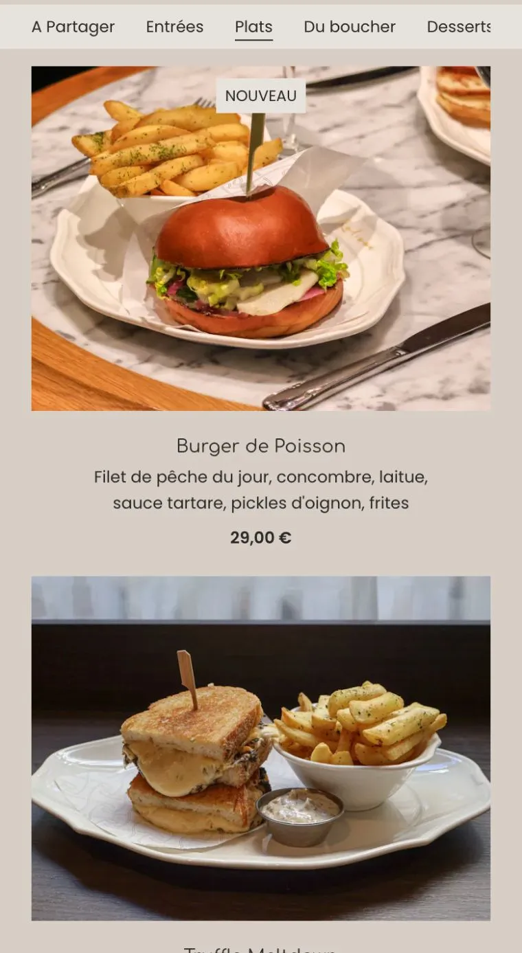 Menu publié sur le site